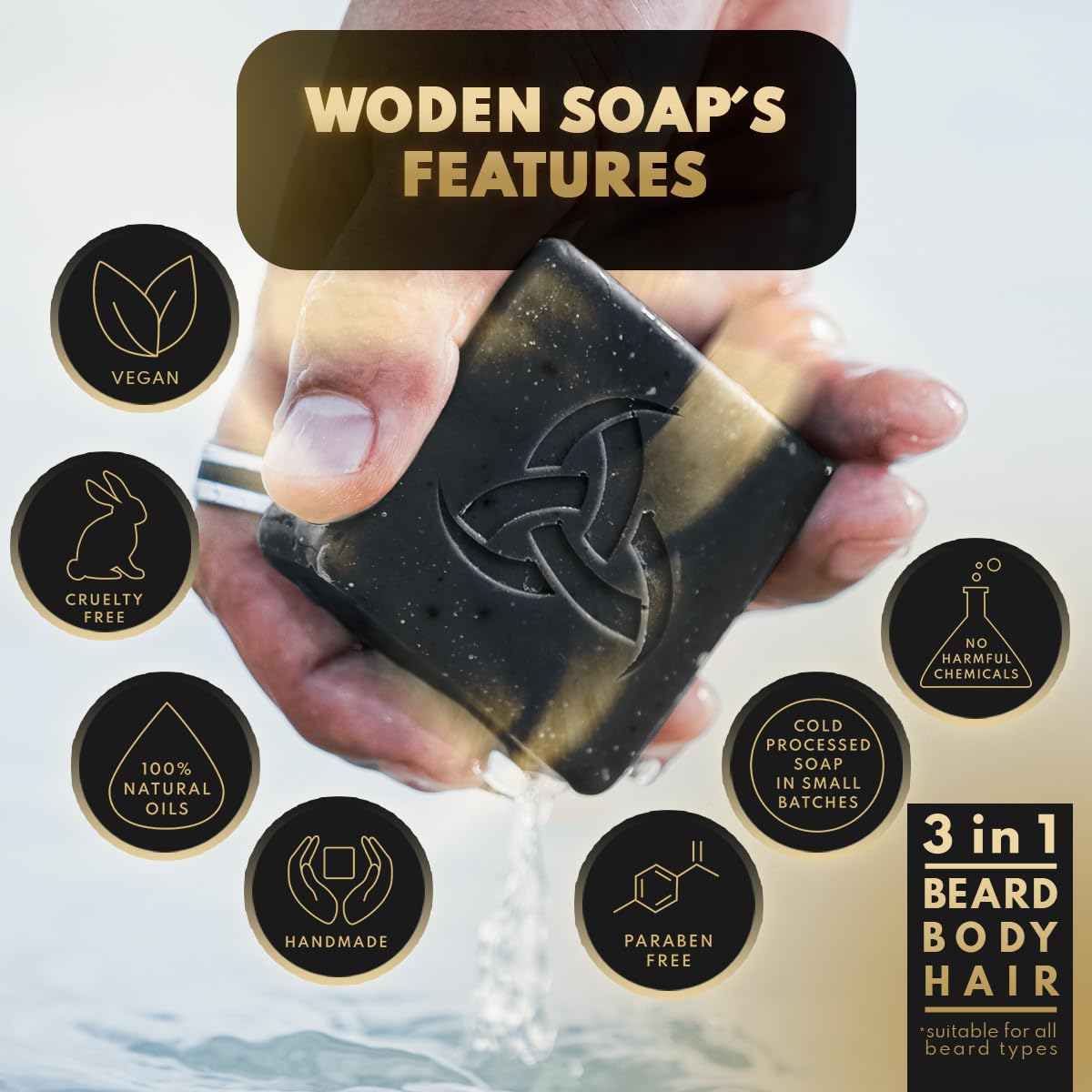 Woden Men's Natural Soap Bar - Beard, Body and Hair 120g| Groom like a Viking | Earthy Aroma | Black Raven | Woden