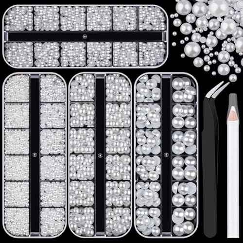 4 Boxes Flatback Pearls for Crafting, Flatback White Half Round Pearls 3-10mm with Pickup Pencil and Tweezer for Home DIY and Professional Nail Art, Face Makeup and Craft