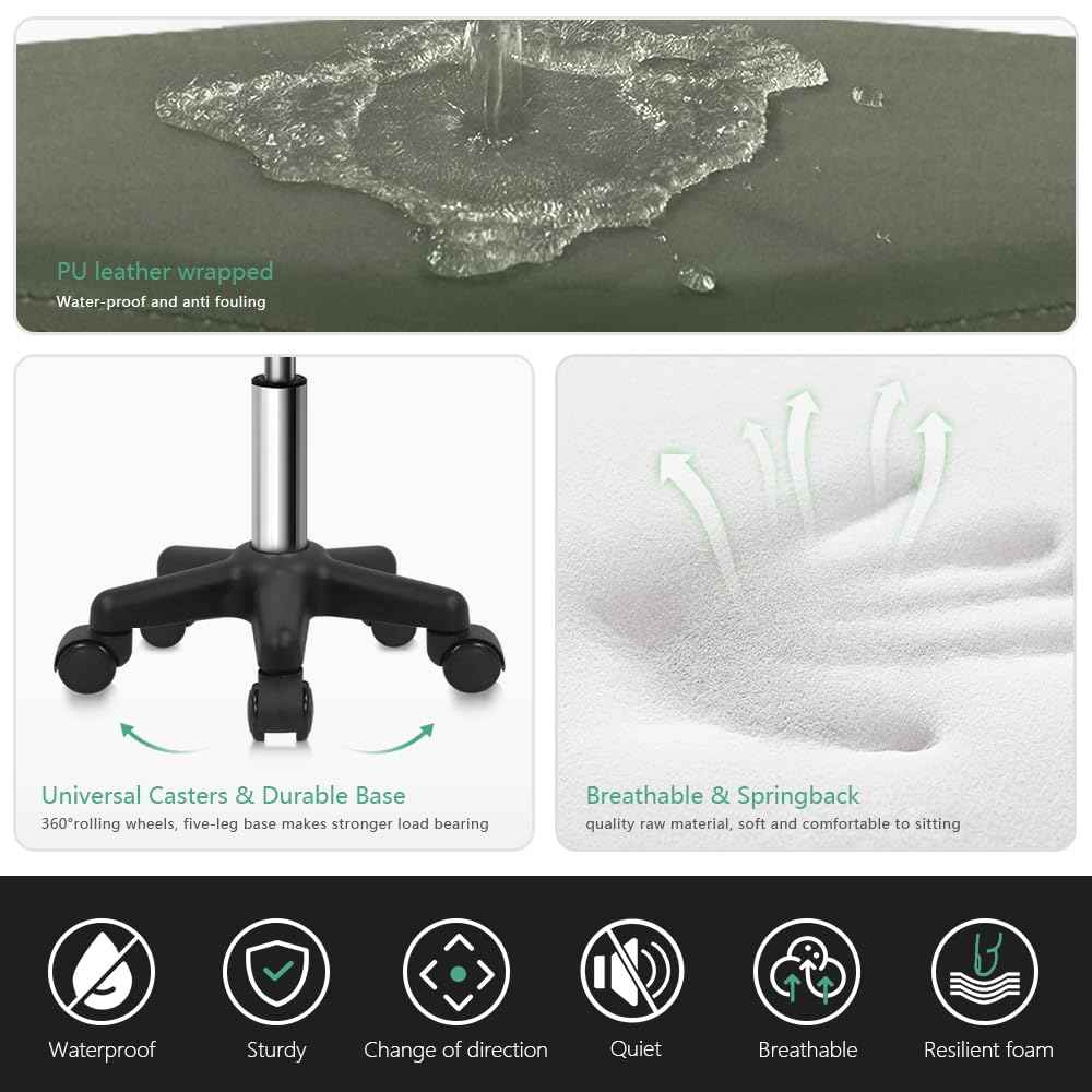 FURWOO Hexagon Rolling Stool Height Adjustable Stool with Wheels for Spa Salon Massage Green