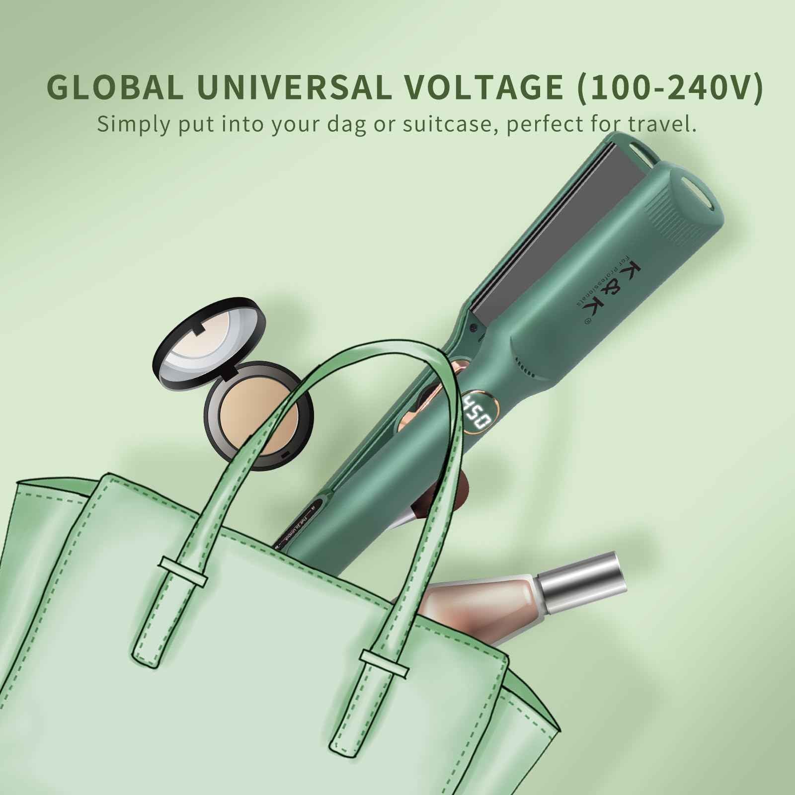 K&K Hair Straightener with LED Display Adjustable Temperature 1.5 Inch Wide Flat Iron for Thick Hair Tourmaline Titanium Dual Voltage 60min Auto Shut Off