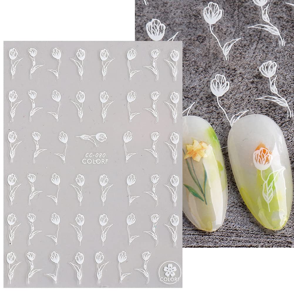 Flower Nail Art Stickers Decal,4 Sheets Tulip Nail Stickers for Nail Art,3D Elegant Spring Self-Adhesive Nail Supplies Flowers Floral Small Tulip Nail Designs for Women Girls Nail Art DIY Decorations