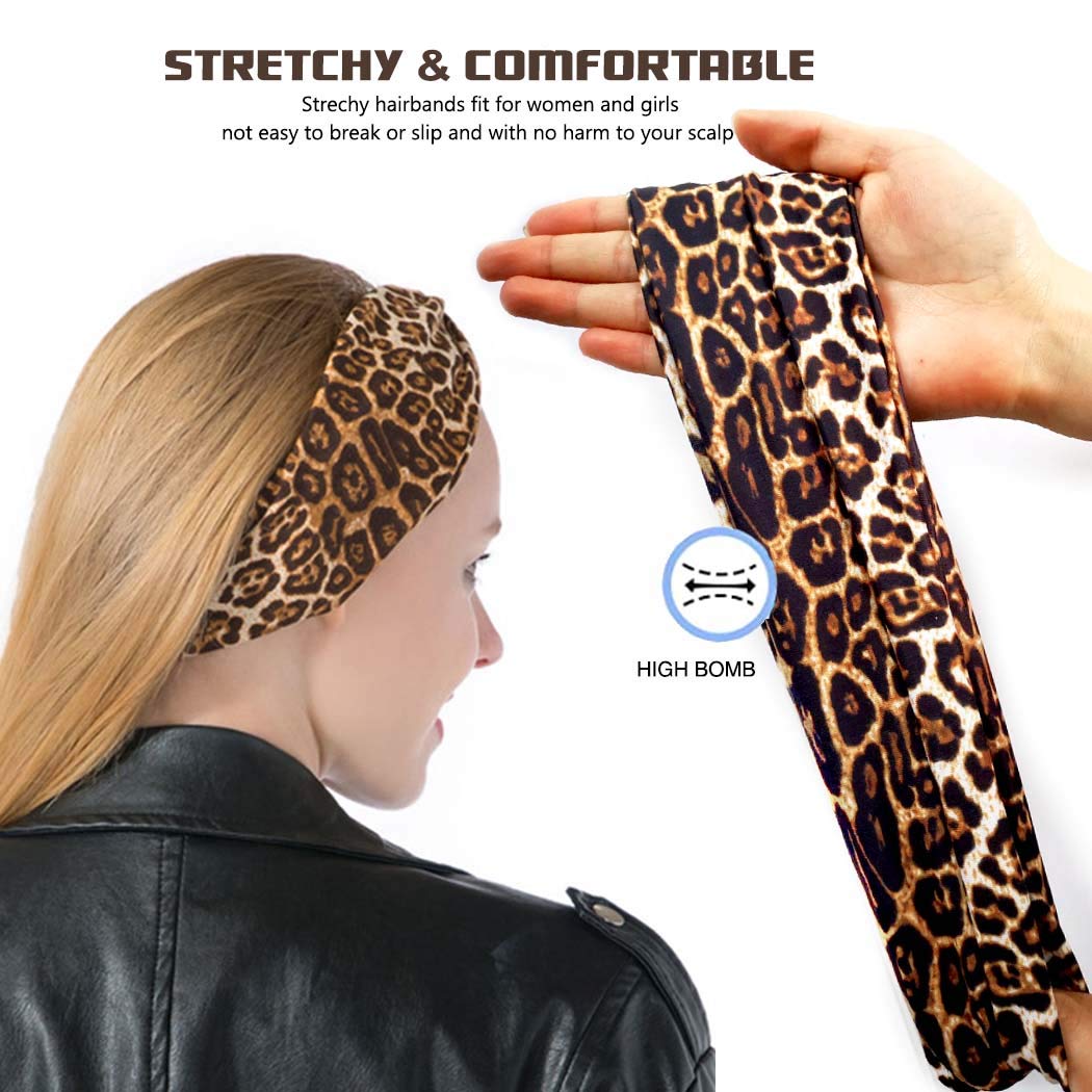 Fashband Boho Leopard Print Headbands Criss Cross Knotted Hair Bands Elastic Stretchy Twist Head Wraps Yoga Outdoor Head Scarfs Headpiece for Women Girls (Pack of 4)