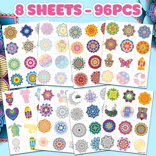 96 Pcs Mandala Temporary Tattoos for Kids - Pre-Cut