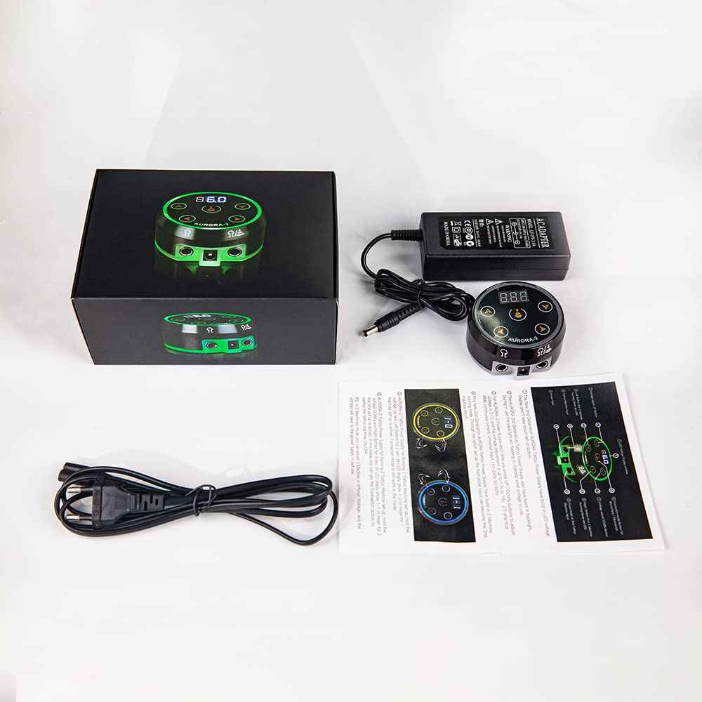 Dragoart Aurora 2 Tattoo Power Supply 1.5-16v Professional Tattoo Power Supply Box for Coil & Rotary Tattoo Machine Pen, Dual Outputs/Colorful LEDs/Touchscreen/Magnetic Base/2 Foot Pedal Modes(Silver)