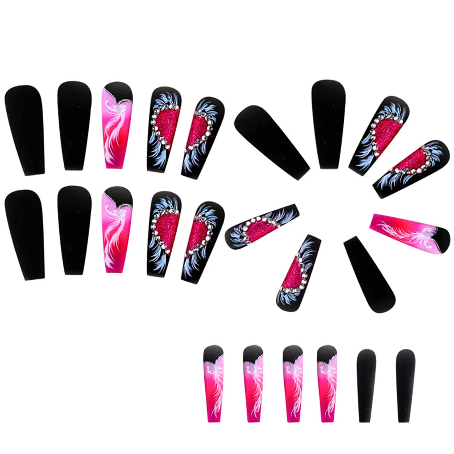 Heart Nails Press on Nails Long Coffin Fake Nails with Valentines Day Designs Angel Wings Rhinestones Pink Full Cover Acrylic Black False Nails Square Medium Glue on Nails for Women and Girls 24Pcs