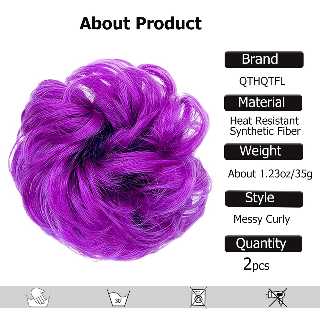 QTHQTFL 2pcs Messy Bun Hair Piece Scrunchie Hair Bun Hair Pieces for Women Girls Elastic Rubber Band Curly Wavy Synthetic Hair Bun Scrunchies Ponytail Extensions (Dark Purple)