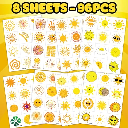 96 PCS Yellow Sun Pre-Cut Birthday Party Decorations Favors Supplies Gold Hippie Sun Smile You Are My Sunshine Decor Temporary Tattoos Stickers for Girls Boys Cute Gifts School Prizes Rewards