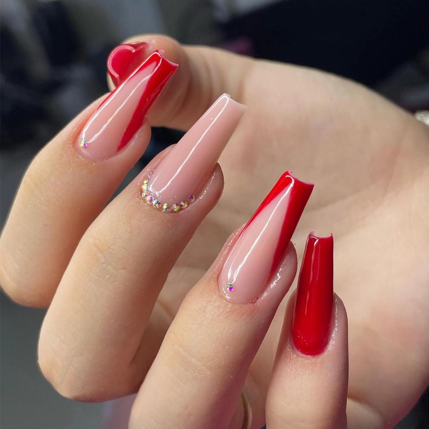 MERVF Long Press on Nails Coffin Fake Nails Press ons Red French Tip Glue on Nails Classic Ballerina Acrylic False Nails with Rhinestones Design Glossy 24pcs