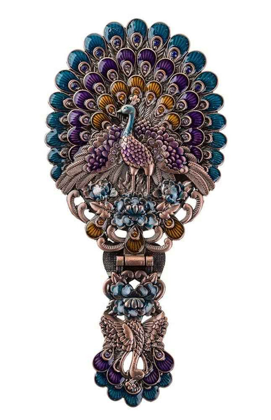Nerien Vintage Hand Mirror, Vanity Makeup Mirror, Travel Foldable Peacock Antique Handheld Mirror, Portable Adjustable Embossed Handle Mirror, Decorative Oval Metal Beauty Cosmetic Mirror, Copper