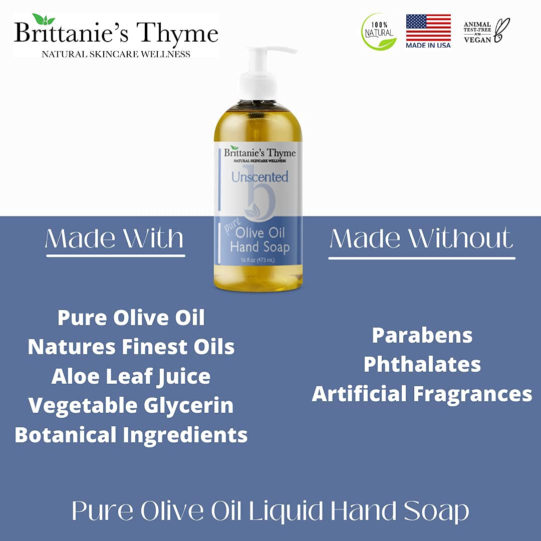 Brittanie's Thyme Organic Natural Hand Soap, 16 oz (Unscented) Moisturizing Castile Soap Made Olive Oil And Natural Luxurious Essential Oils. Vegan, Gluten & Cruelty Free,