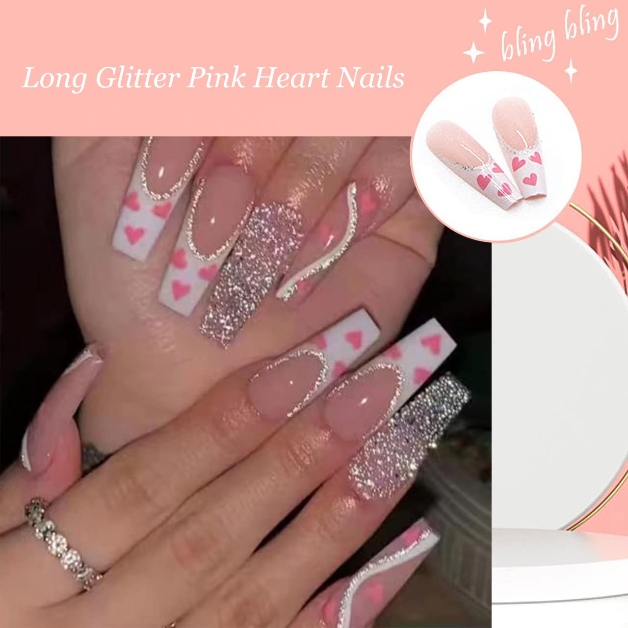 24 Pcs Valentines Press on Nails Long Heart Fake Nails Glossy Glue on Nails with Designs Full Cover Acrylic Press on False Nails for Women and Girls Nail Art Decorations