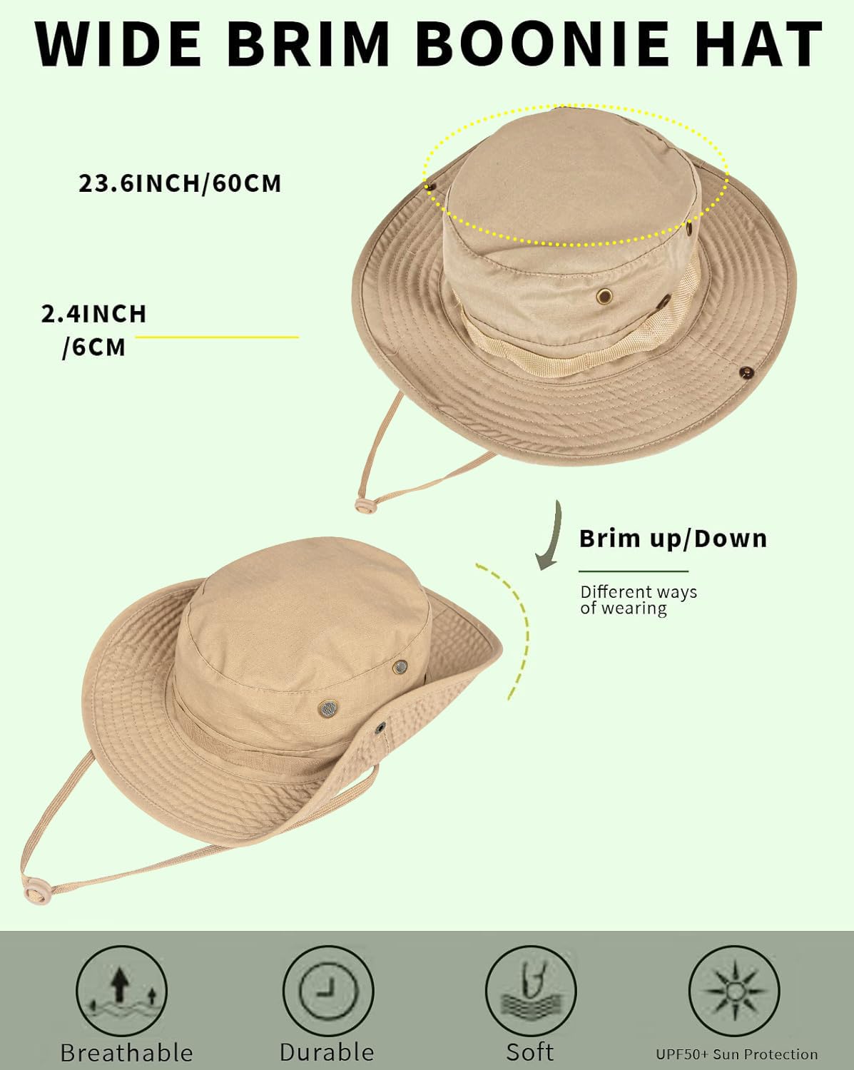 Sun Hats for Men Women Bucket Hat UPF 50+ Boonie Hat Foldable UV Protection Hiking Beach Fishing Summer Safari(1pack-Khaki)