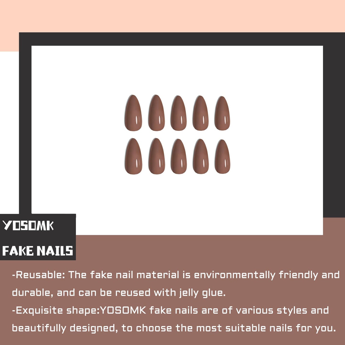 YOSOMK Coffee Brown Press on Nails Almond Medium Fake Nail Solid Color Full Cover Artificial False nails Glossy Manicure Glue on Acrylic Nails for Women