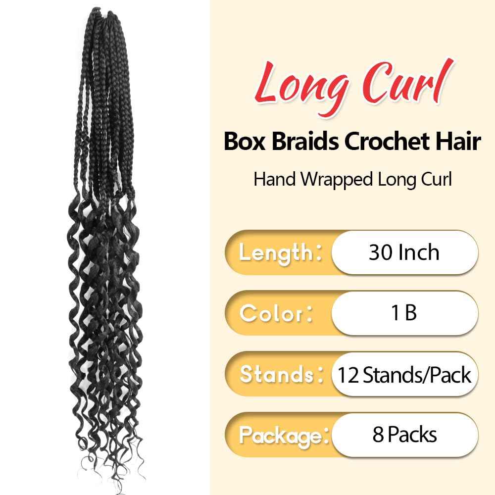 SECPOCPONY Long Boho Curl Box Braids Crochet Hair 30 Inch 8 Packs Pre looped French Curl Braiding Hair for Black Women Crochet Goddess Box Braid with Curly Ends (1B, Natural Black)