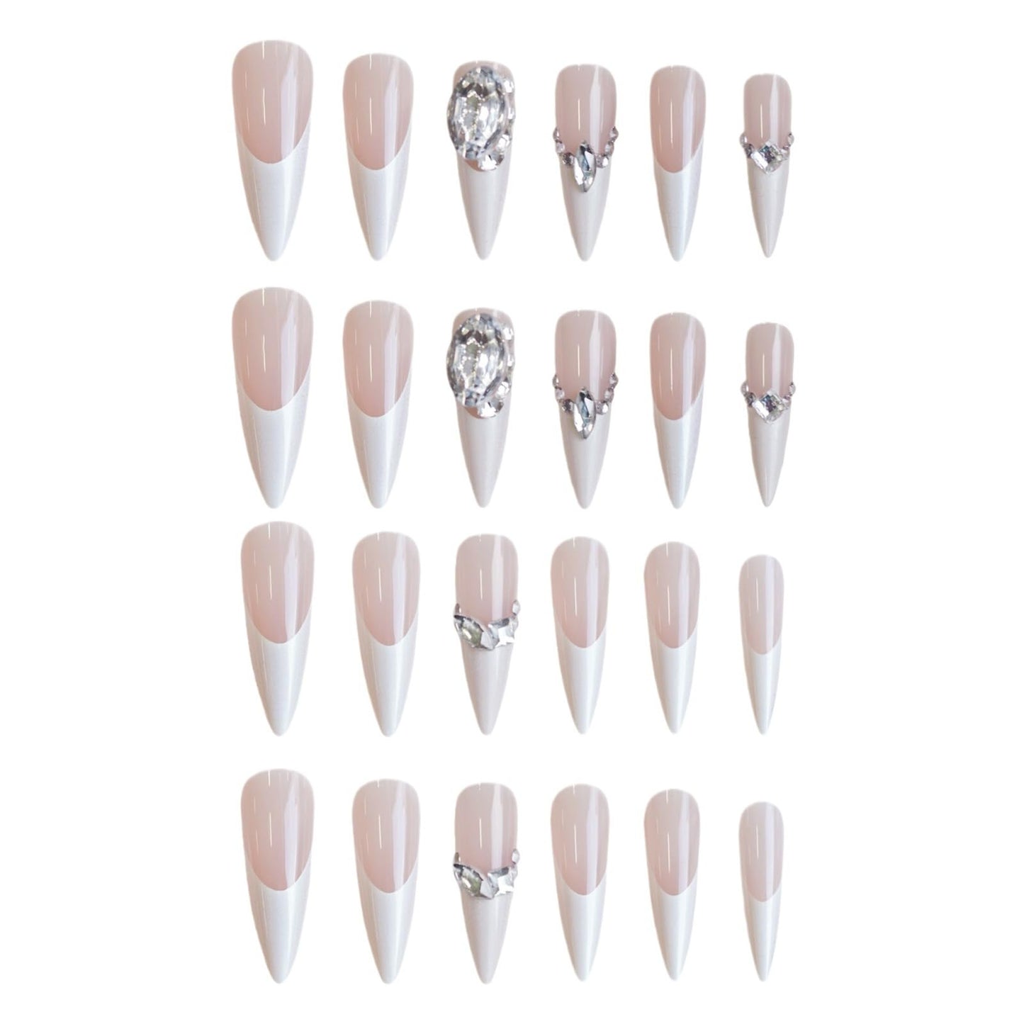 Rilafuvu Press on Nails Almond Fake Nails White Tip Artificial Nails Rhinestones Glue on Nails Glossy Press on Nails Long for Women and Girls 24Pcs