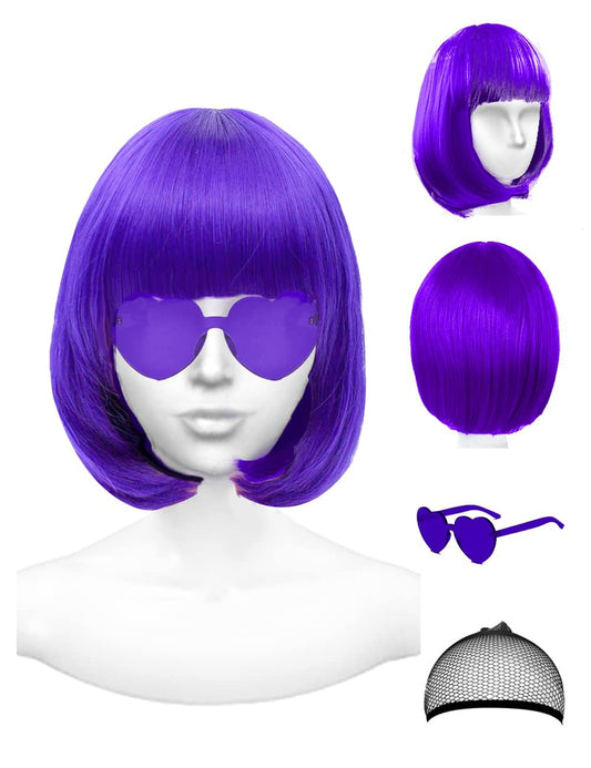 PLANTURECO Featured Wigs and Party Sunglasses, Color Bob Wig, Cosplay Wigs and Party Wigs, Rainbow Wig with Neon Glasses Wigs for Women - Bachelorette Party Wigs Decorations Favors (Purple)