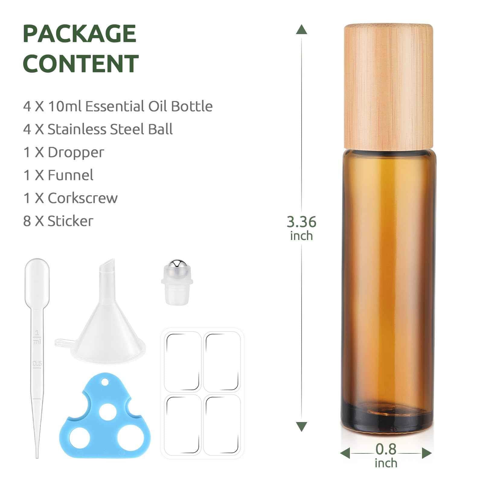 bofessor 4 Pack Essential Oil Roller Bottles, 10ml Amber Glass Rollerballs with Bamboo Plastic Caps - Empty Refillable Travel Roll-On Containers for Perfume & Essential Oils