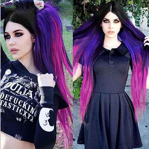 24" Long Straight Black Ombre Purple Synthetic Lace Front Wig for Women Cosplay Party Drag Queen Hairstyle 1B Black to Violet/Rose Red Mermaid Colorful Wedding Wigs Natural Hairline