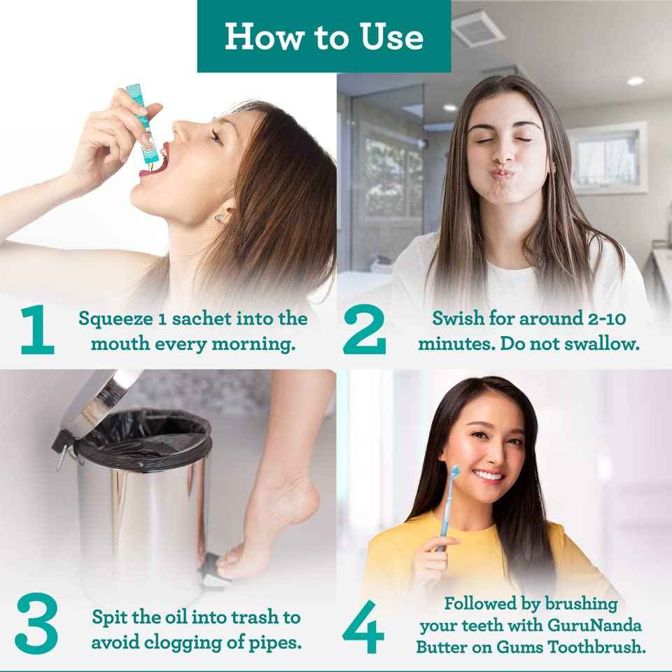 GuruNanda Travel Sachets Coconut Oil Pulling, Fresh Breath Mouthwash, 7 Essential Oils & Vitamins for Happy Teeth & Gums, with Tongue Scraper, 28 Sachets