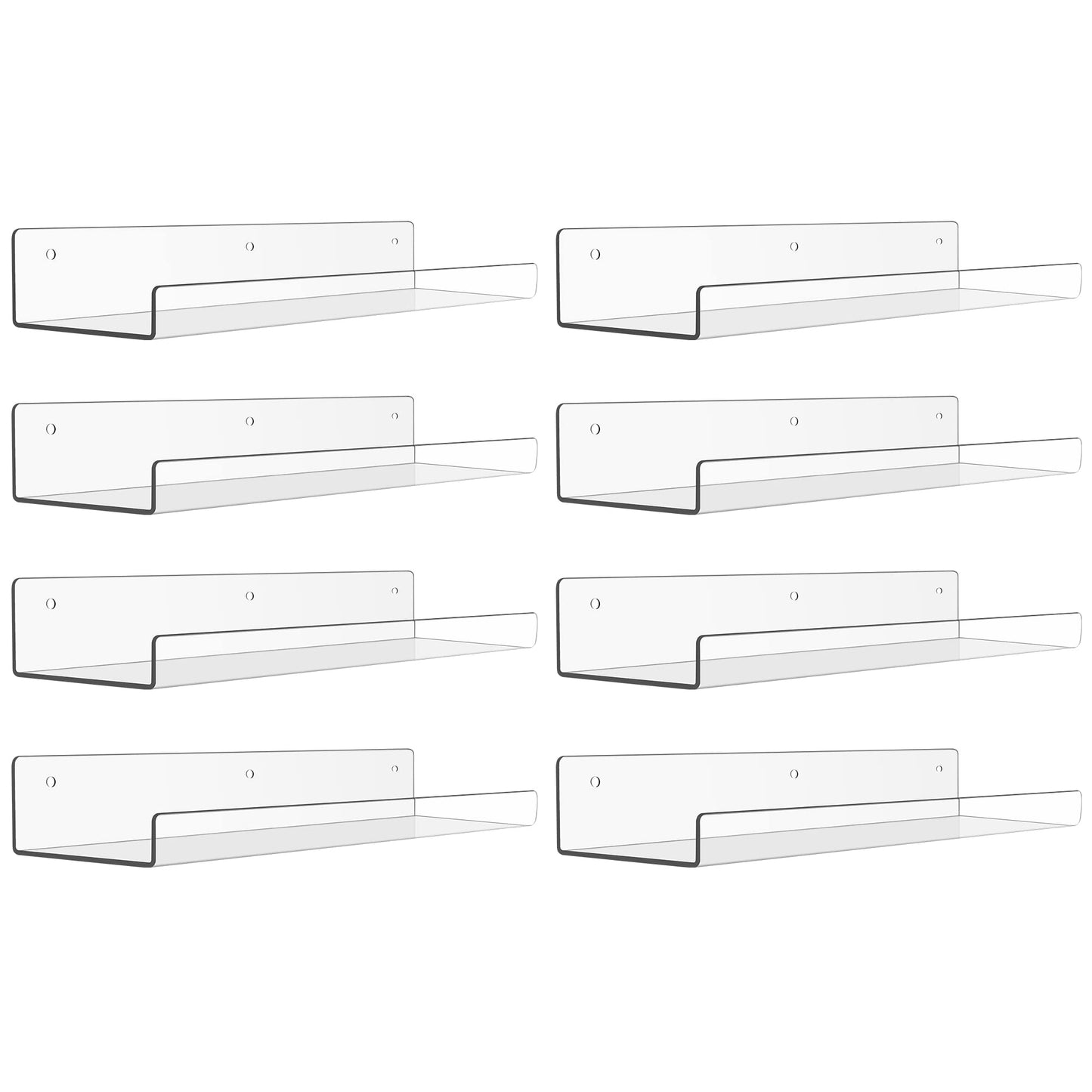 upsimples 8 Pack Acrylic Shelves for Wall Storage, 15" Floating Bookshelves for Kids, Display Shelf Organizer for Bathroom, Bedroom, Living Room, Kitchen, Room Decor, Clear