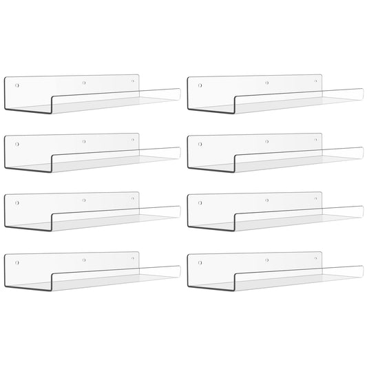 upsimples 8 Pack Acrylic Shelves for Wall Storage, 15" Floating Bookshelves for Kids, Display Shelf Organizer for Bathroom, Bedroom, Living Room, Kitchen, Room Decor, Clear