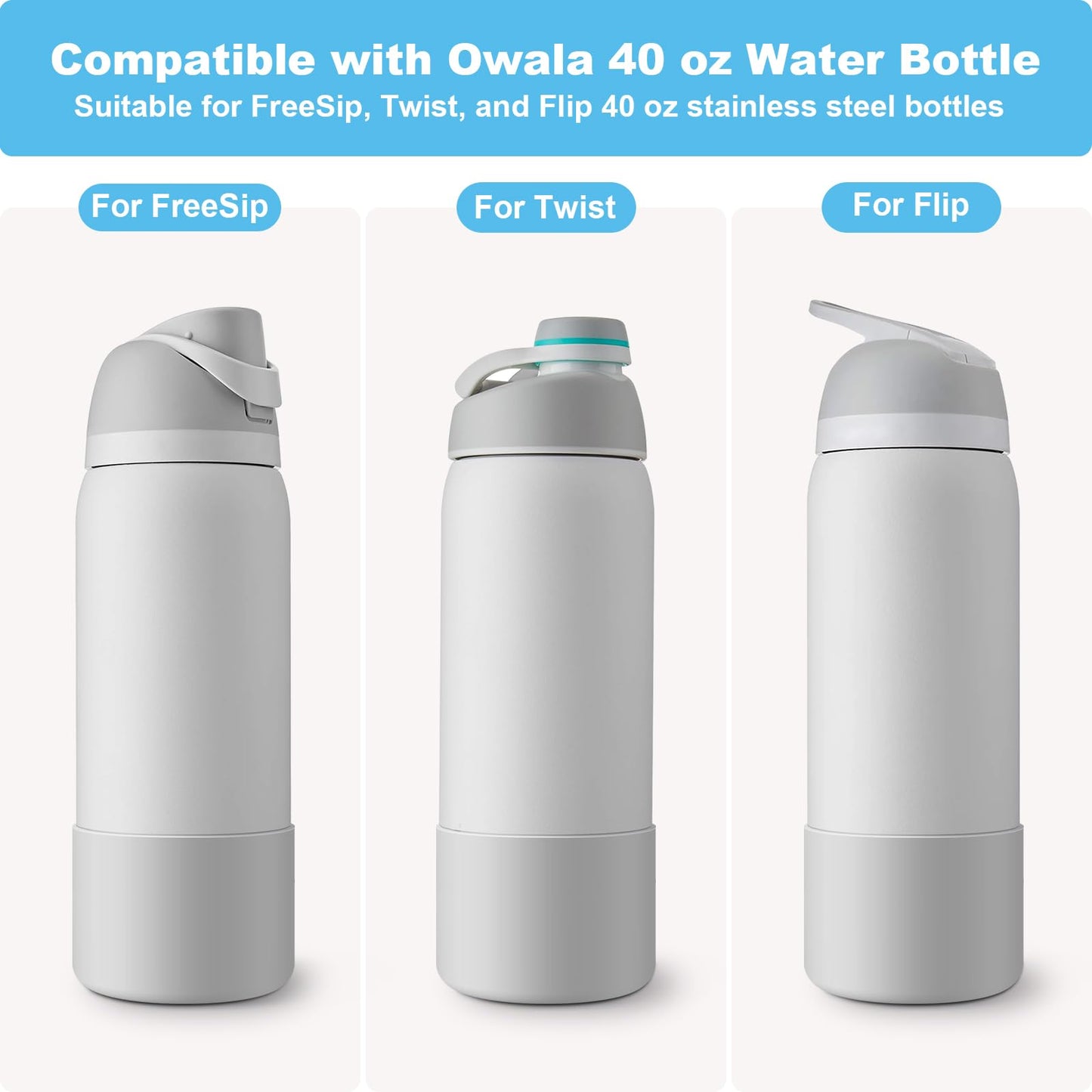 Alwenid 2PCS Silicone Water Bottle Boot for Owala 40 Oz, Anti-Slip Protective Sleeve Bottom Bumper Protector for FreeSip, Twist, and Flip Stainless Steel Water Bottles (Milky Gray)