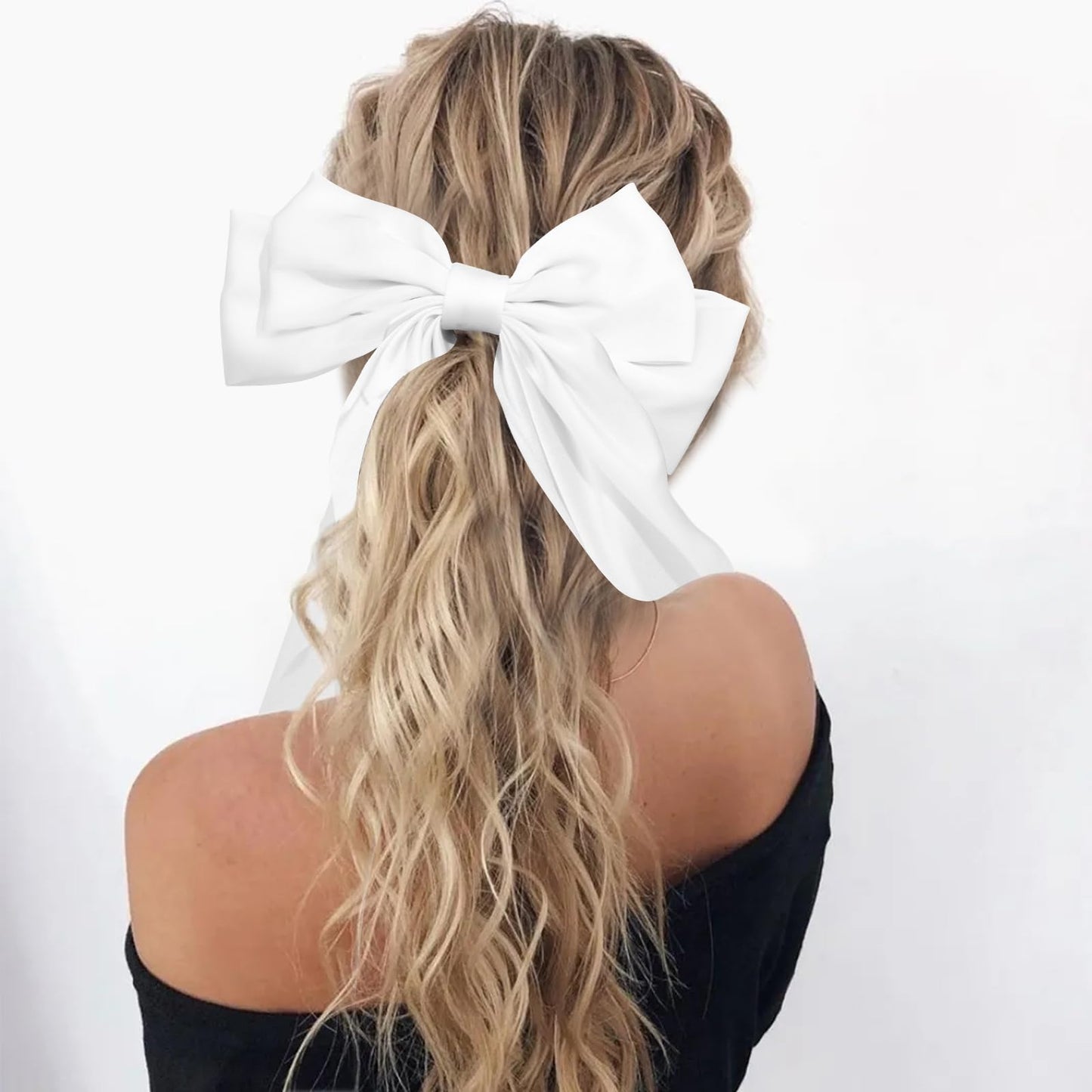 YISSION Large Silky White Satin Bow Hair Clips with Long Tail - 2Pcs Cute Hair Accessories for Women and Girls