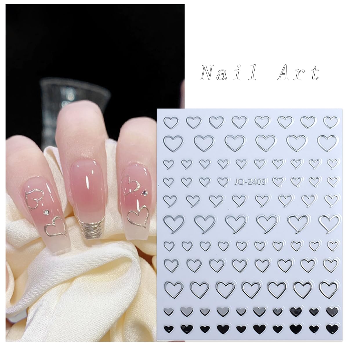 Heart Star Nail Art Stickers-6 Sheets Silver Heart Stars Nail Stickers 3D Self-Adhesive Shiny Heart Star Nail Designs Stickers Luxury Star Spring Summer Nail Decals for Acrylic Manicure Decoration