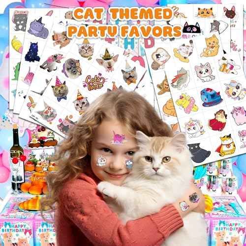 96 PCS Cat Cats Pet Pre-Cut Temporary Tattoos for Kids | Super Cute Themed Birthday Party Favors, Supplies, Decorations, Animal Paw Fake Tattoo Stickers Gifts for Boys Girls Rewards