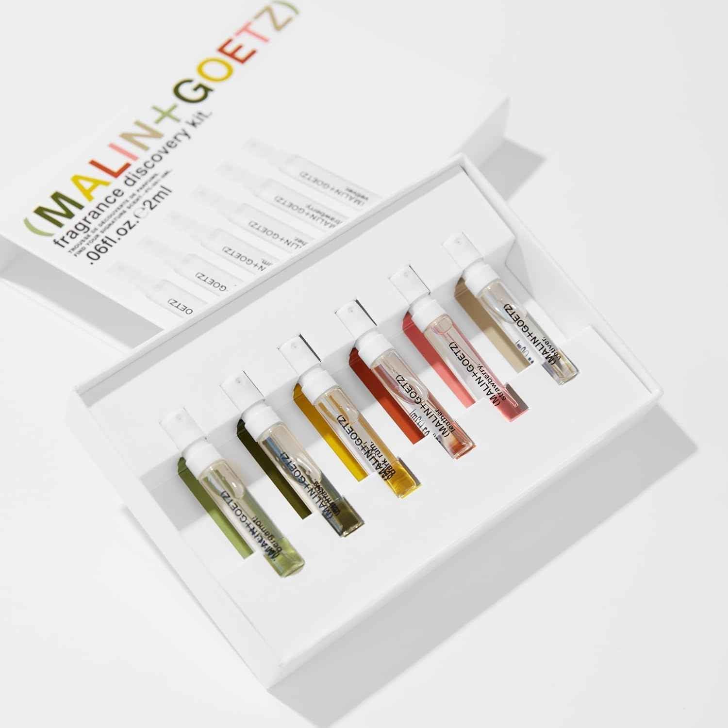 Malin + Goetz Fragrance Discovery Kit, 2 ml Each - Bergamot, Cannabis, Dark Rum, Leather, Strawberry & Vetiver Eau De Parfum - Travel Size Perfume Set, Fragrance Oil Gift Set, Vegan & Cruelty-Free