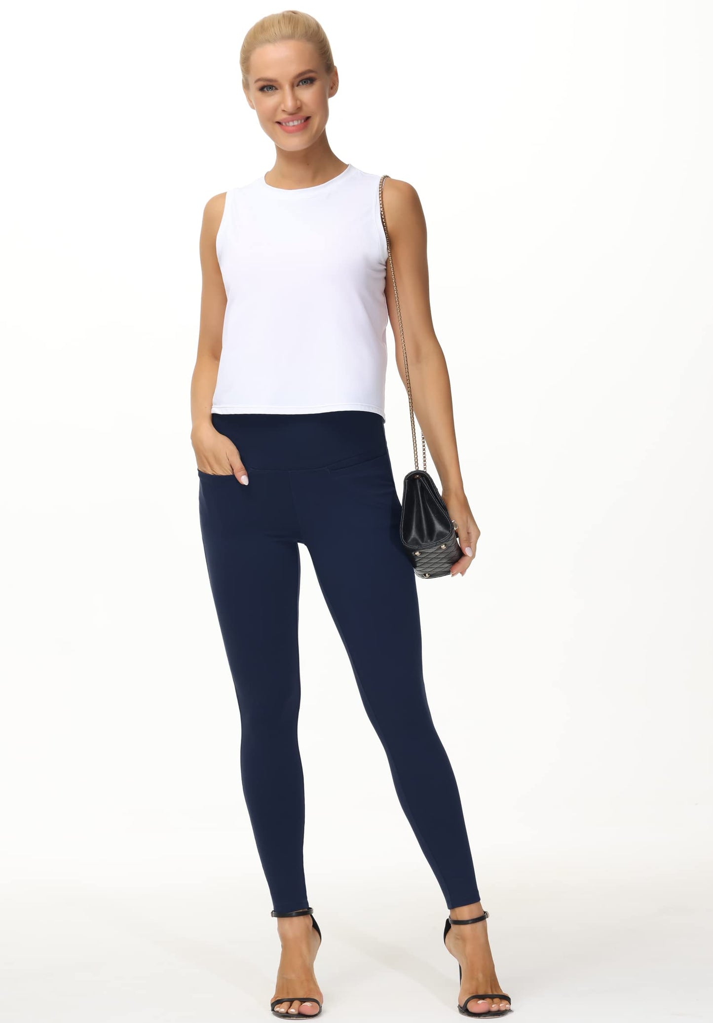 THE GYM PEOPLE Women's Casual Yoga Leggings High Waisted Tummy Control Workout Pants with 4 Pockets Navy Blue