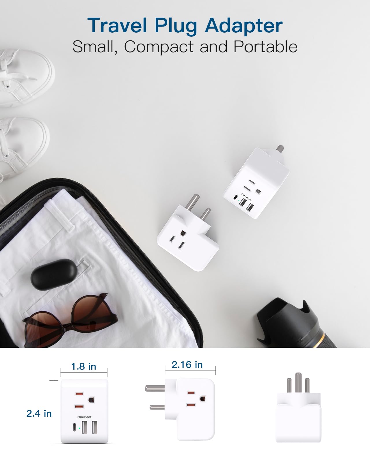 2 Pack India Power Adapter, One Beat Type D Plug Adapter with 3 American Outlets 3 USB Ports(1USB C), 6 in 1 India Travel Plug Adapter for US to India, Bangladesh, Kuwait, Maldives