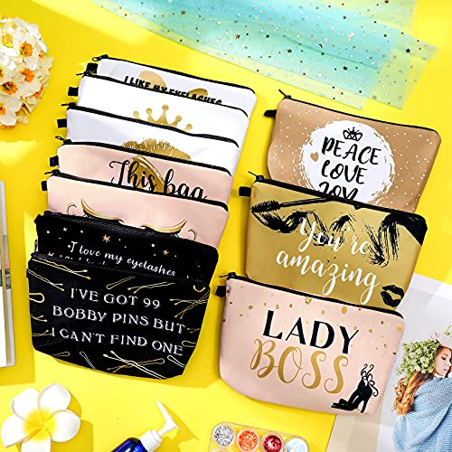 Boao 10 Pieces Letters Makeup Bags Bulk Cosmetic Pouch for Women Travel Zipper Organizer Toiletry Bag Printing Pencil Bag Christmas Supplies Gift(Gold and Pink Style)