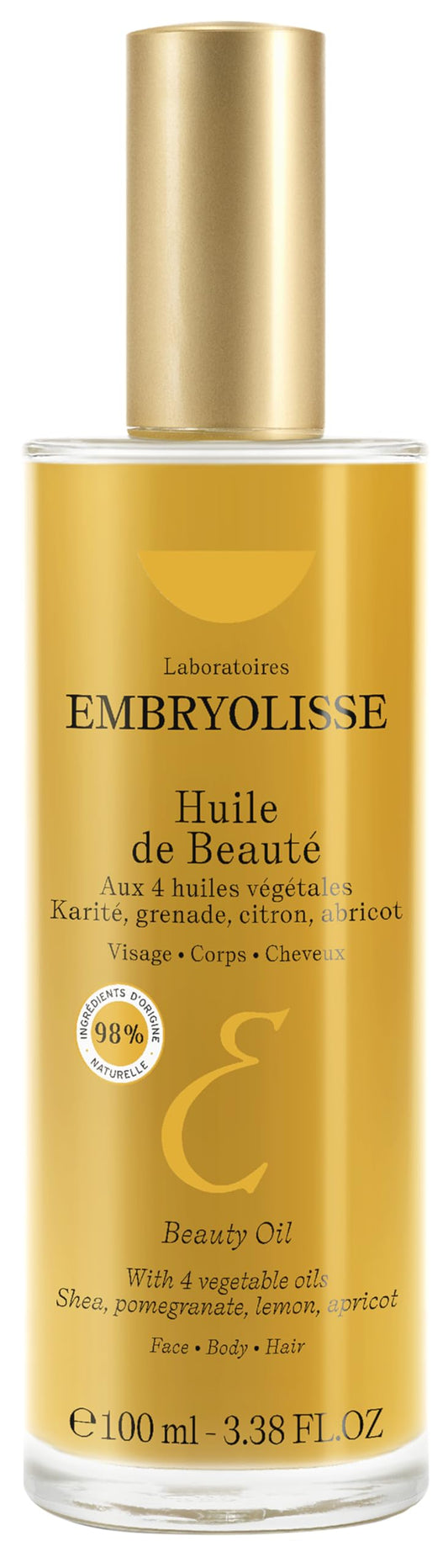 Embryolisse Beauty Oil, Hydrates, Protects and Beautifies Face, Body and Hair. Lightweight, Non Greasy Body Oil for All Skin Types, 3.38 Fl Oz