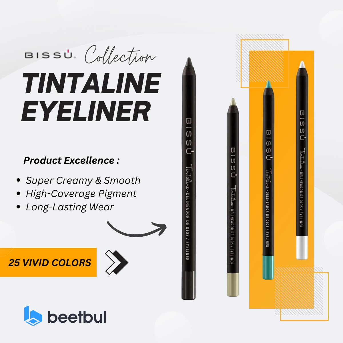 Bissú Tintaline Eyeliner - 25 Vivid Colors, High-Coverage, Long-Lasting & Smudge-Proof (Grey)