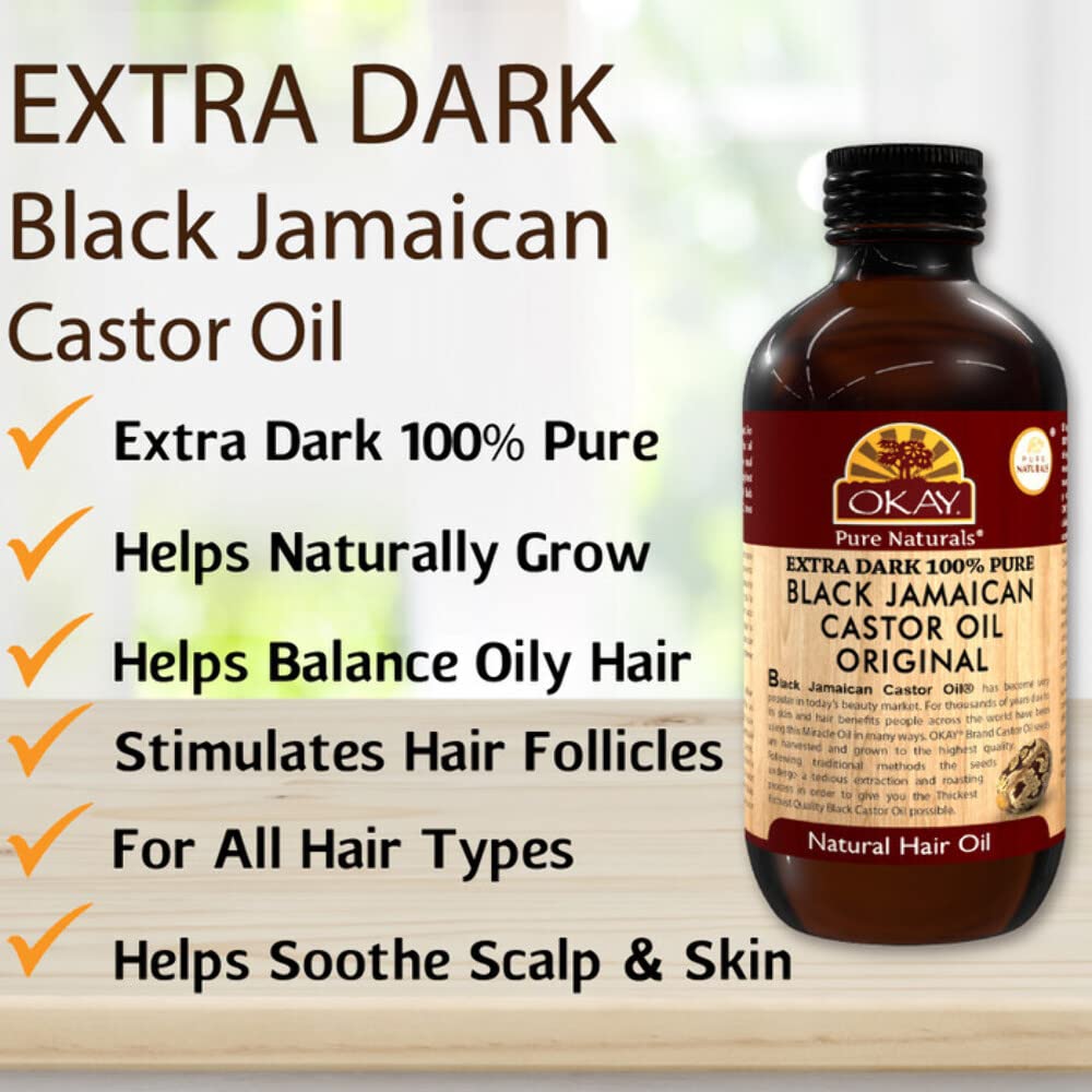 OKAY | Extra Dark 100% Natural Black Jamaican Castor Oil | For All Hair Textures & Skin Types | Grow Strong, Healthy, Smooth and Thick Hair | With Vitamin E - Omega 6 & 9 | 4 oz