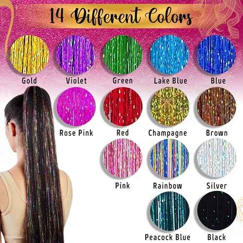 Andou | 14 Colors | Up To 6800 Strands | Heat Resistant Hair Tinsel Kit For Girls, Women & Kids | 48 Inch | One Wooden Threader & Crochet | One Plier | Two Hair Clips | Two Hundred Beads