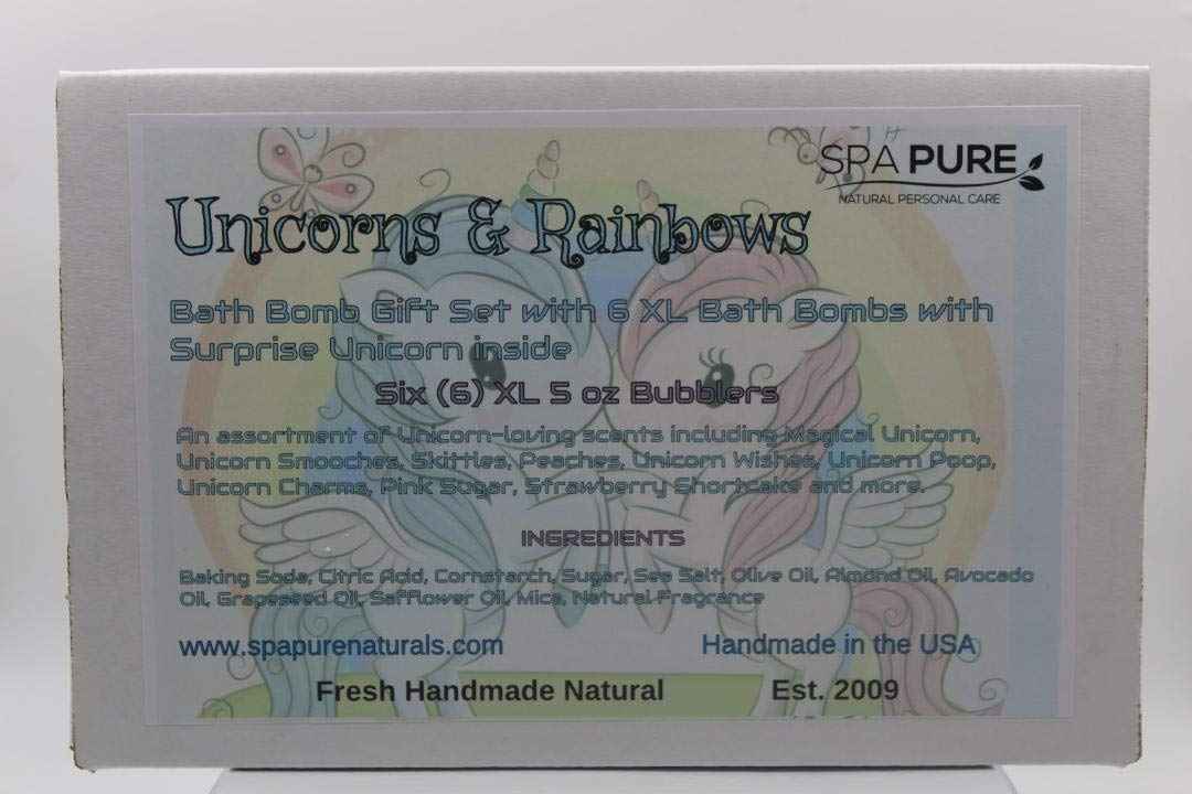 SPAPURE Unicorns and Rainbows - Bath Bomb Gift Set with 6 XL Unicorn bath bombs with surprise unicorns inside, USA Made, Handmade, Natural Bath Bombs, Birthday Gift idea for Kids (6 Count) Pack of 1