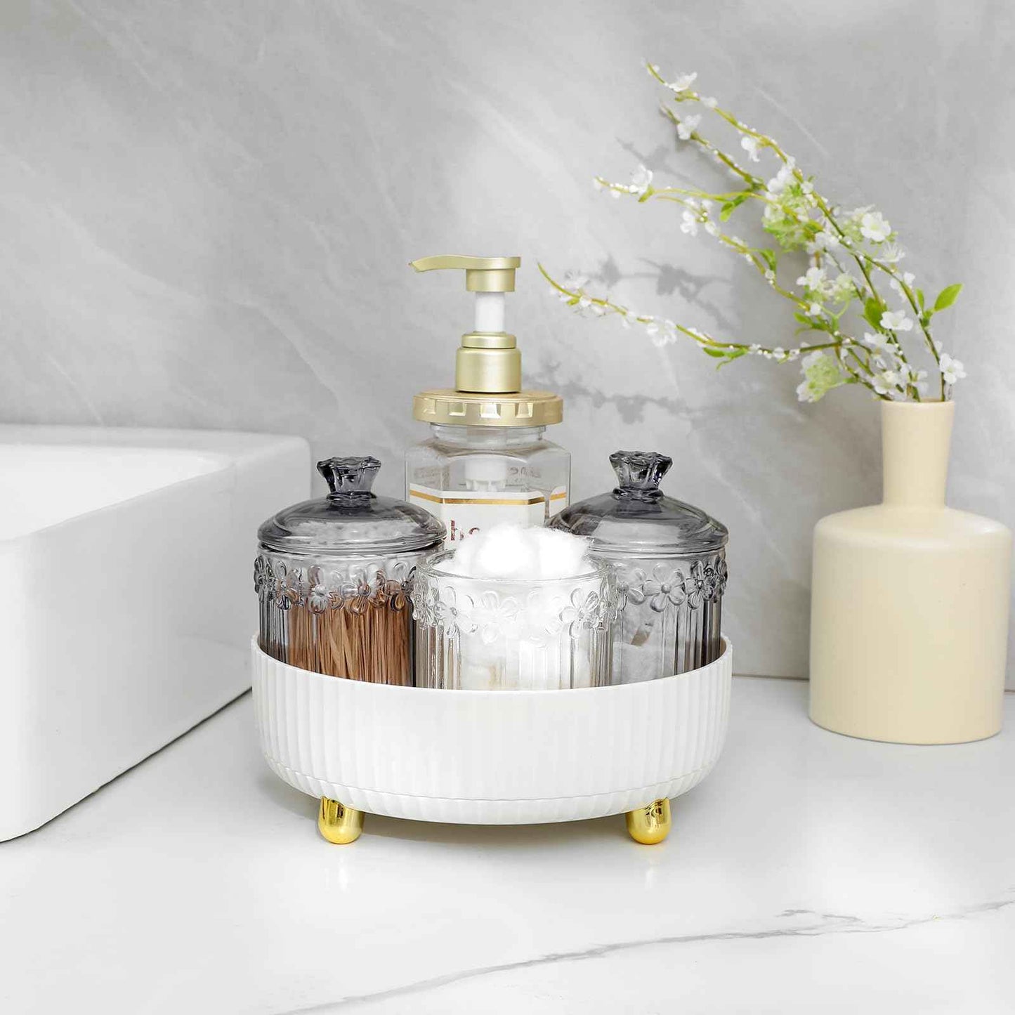 Anyoifax Makeup Perfume Organizer Tray 360 Degree Rotating Lazy Susan Skincare Lotion Organizer Spinning Cosmetics Storage for Dresser, Vanity, Bathroom Countertop, Small White & Large White