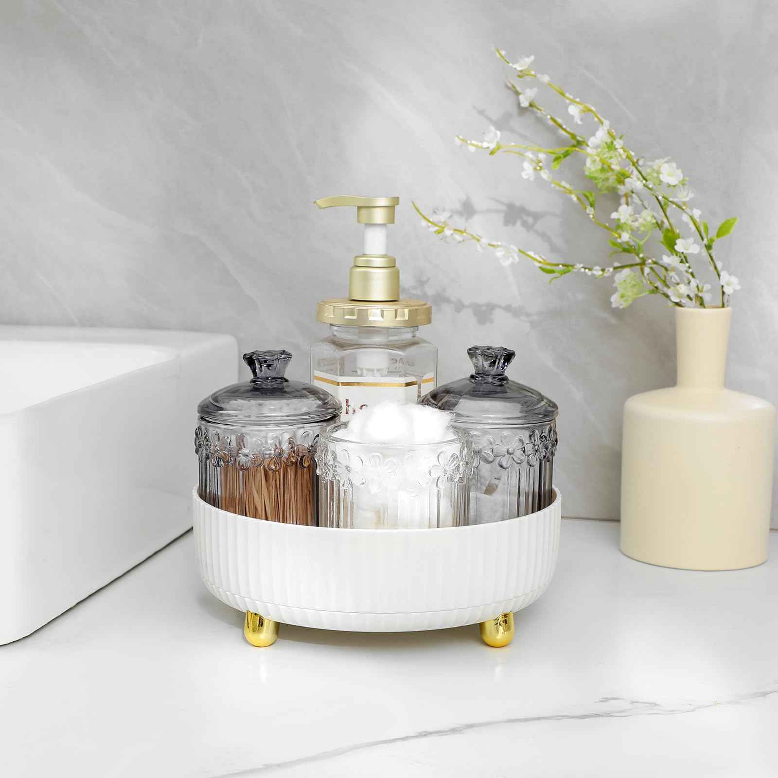 Anyoifax Makeup Perfume Organizer Tray 360 Degree Rotating Lazy Susan Skincare Lotion Organizer Spinning Cosmetics Storage for Dresser, Vanity, Bathroom Countertop, Small White & Large White