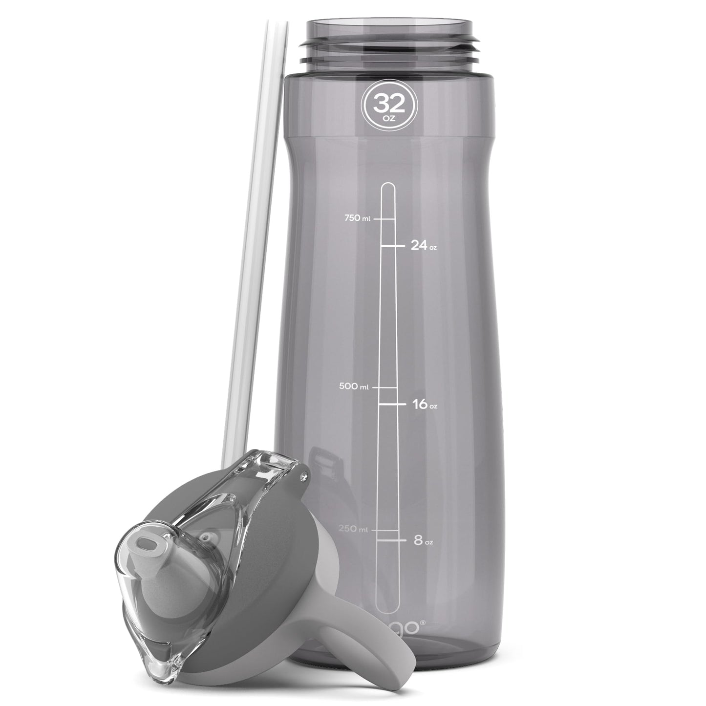 Pogo BPA-Free Tritan Plastic Water Bottle with Soft Straw, 32 Oz, Grey