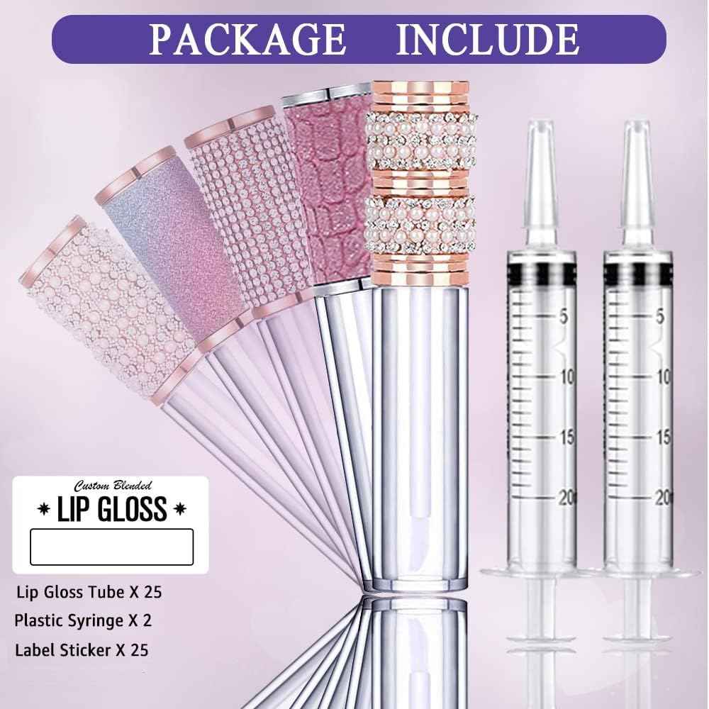 AMORIX 25 Pack Diamond Lip Gloss Tubes with Wand 5ml Empty Rhinestone Lip Gloss Containers Cute Lipgloss Bottles Crystal Lip Gloss Supplies Kit + 2pcs Syringes + Labels for DIY Lip Gloss Base