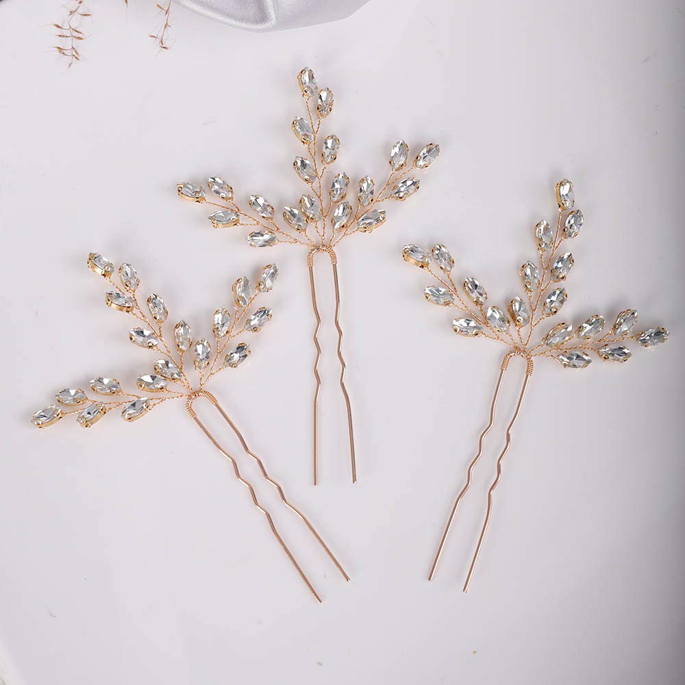 YERTTER Wedding Hair Pins 3 Pcs Wedding Decorative Hair Pins Rhinestones Crystal Updo Bridal Accessories for Flowergirls Brides and Bridesmaids (Gold)