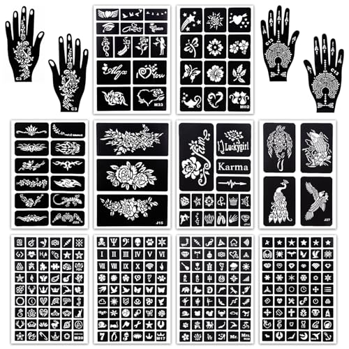 MCPINKY Henna Tattoo Stencil Kit - 283 Sheet Arabian Realistic Temporary Glitter Semi-Permanent Tattoos for Women & Girls