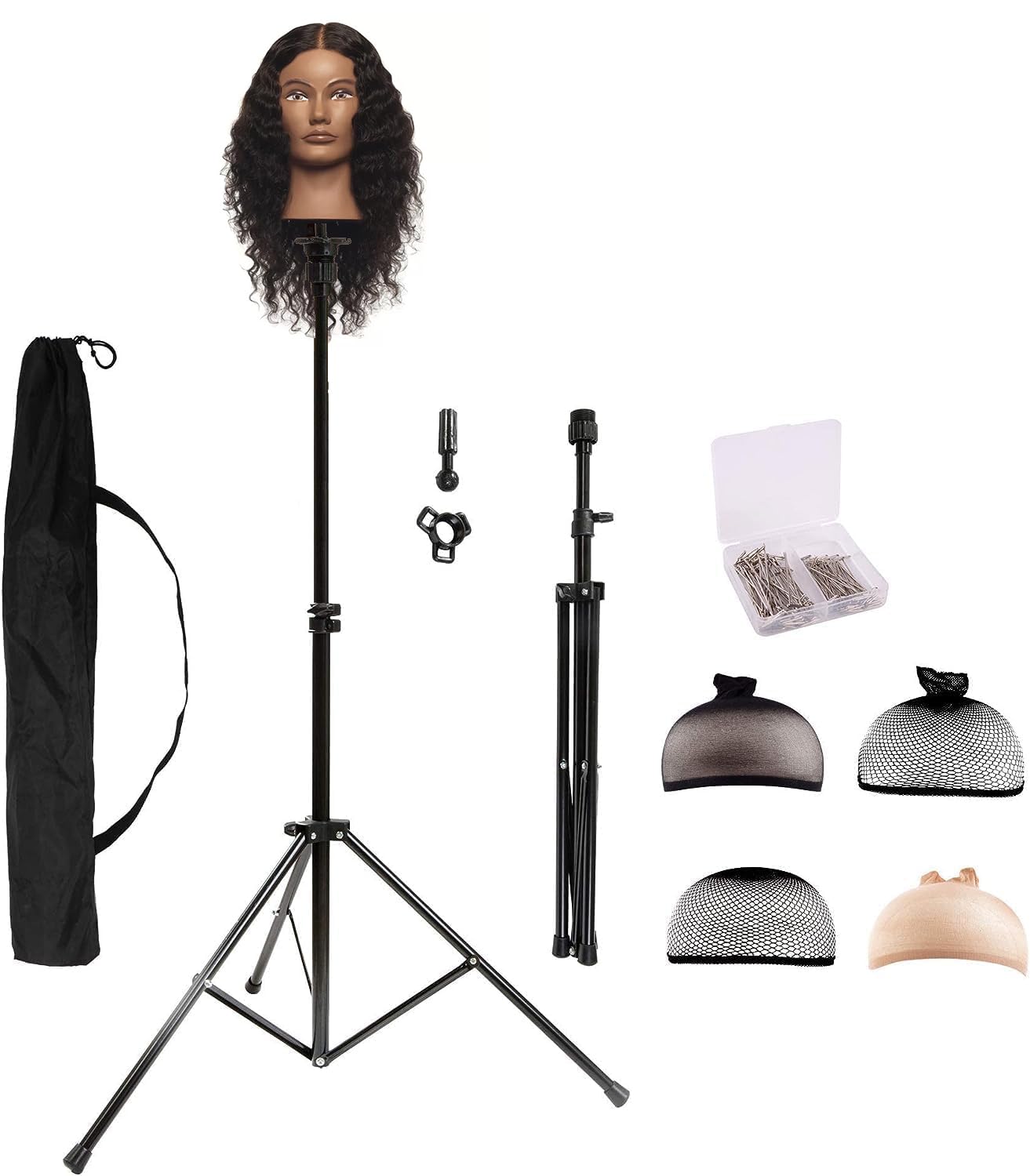 HYOUJIN Wig Head Stand,Wig Stand Tripod Mannequin Head Stand Metal Adjustable Holder for Mannequin Head,Manikin Head,Training Head,Canvas Block Head with Wig Caps,T-Pins,Carry Bag 35.4-52.4 in(Black)