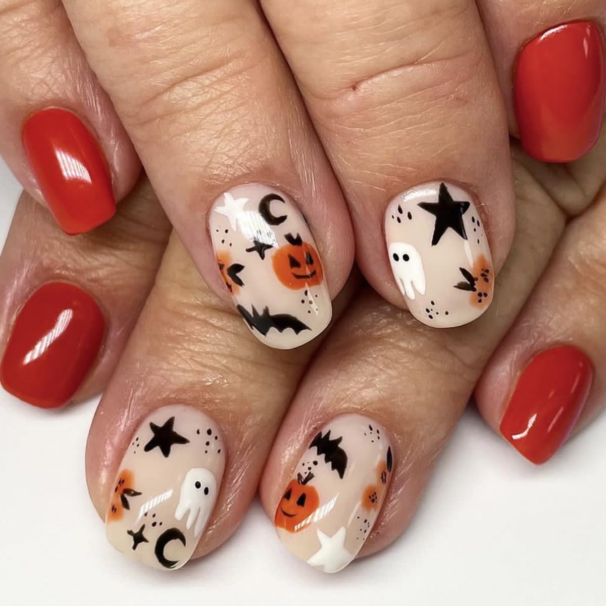 Halloween Press on Nails Short Square Fake Nails Red False Nails Glossy Artificial Nails Spider Ghost Pumpkin Bat Acrylic Nails Full Cover Glue on Nails Cute Stick on Nails for Women Girls Manicure