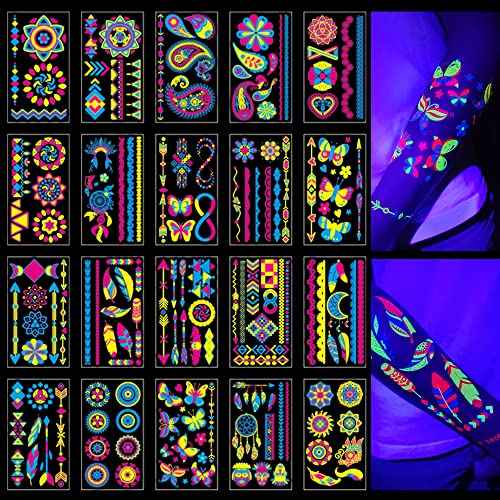 Glow in the Dark Tattoos 172 PCS ? Glow in the Dark Party Supplies, Neon Body Paint Be UV Blacklight Reactive Face Temporary Tattoos for Adults, Teens | Neon Accessories, Party Favors & Decorations
