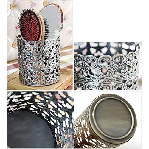 Heart Patterned Vintage Hairbrush Holder Antique Make up Brush Holder Makeup Vanity Organizer (Tin (Matt Gray), Large)