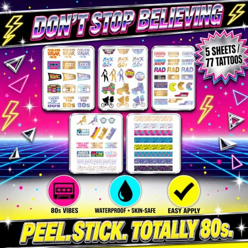 Retro 80s Temporary Tattoos - 5 Waterproof Sheets