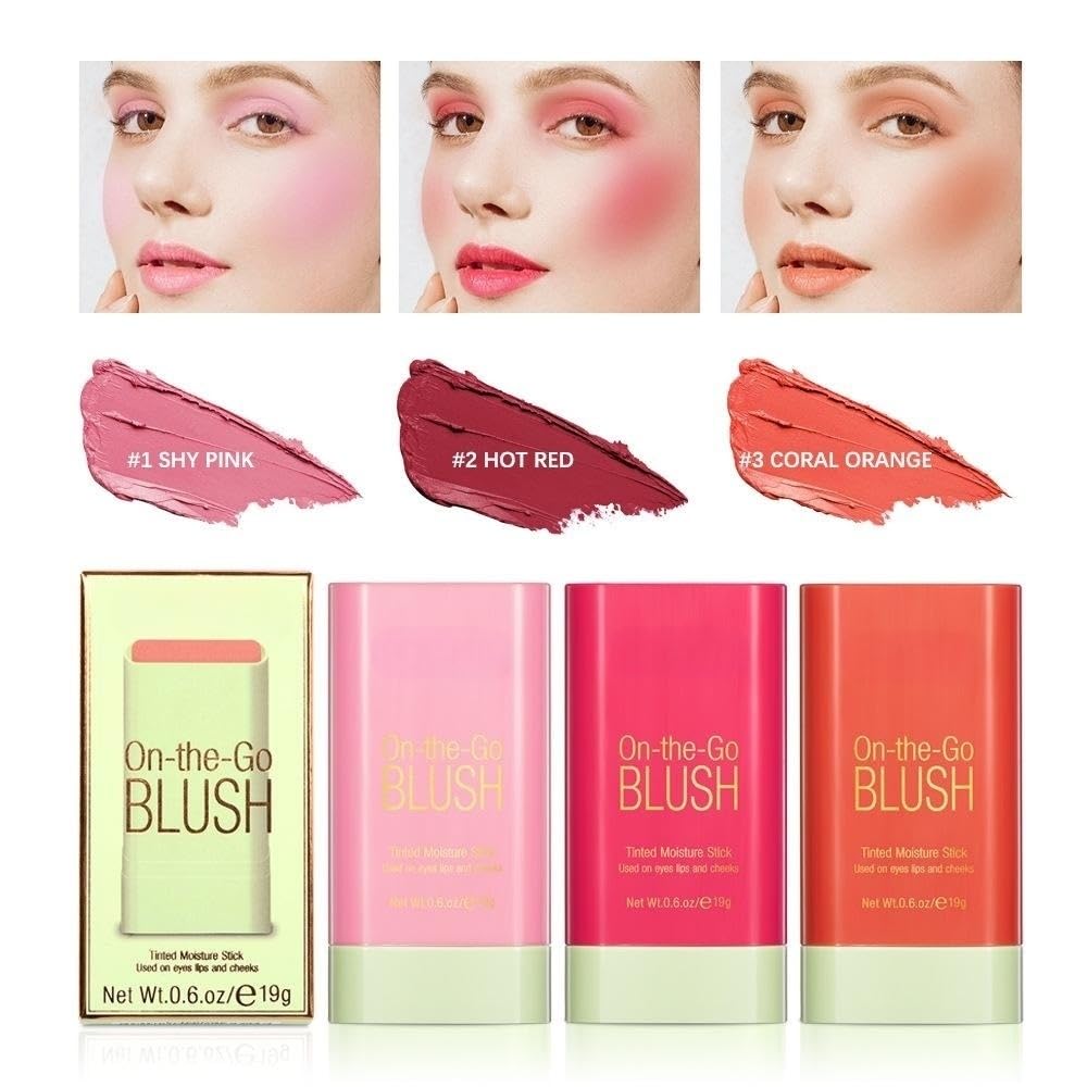 PICKX On-the-Go Makeup Blush Stick Tinted Moisture Stick, Shadow Lips Cheek Blusher Creamy Makeup Long Lasting Natural Nude Makeup for All Skin (3PC)